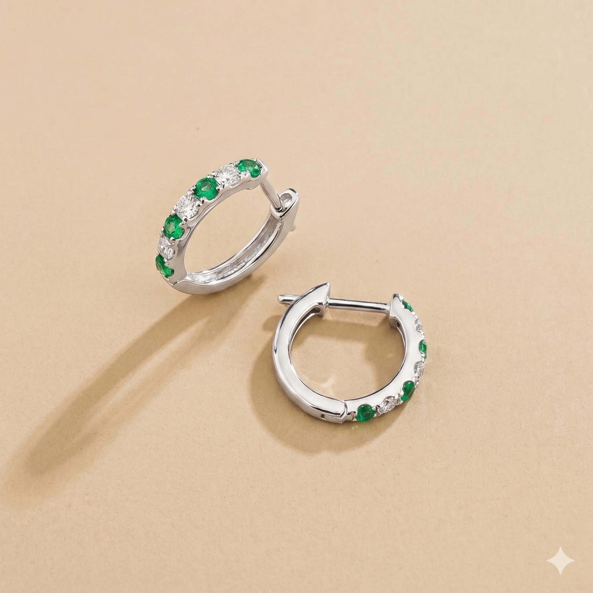 Stacy Emerald & Diamond Huggie Hoop Earrings in White Gold