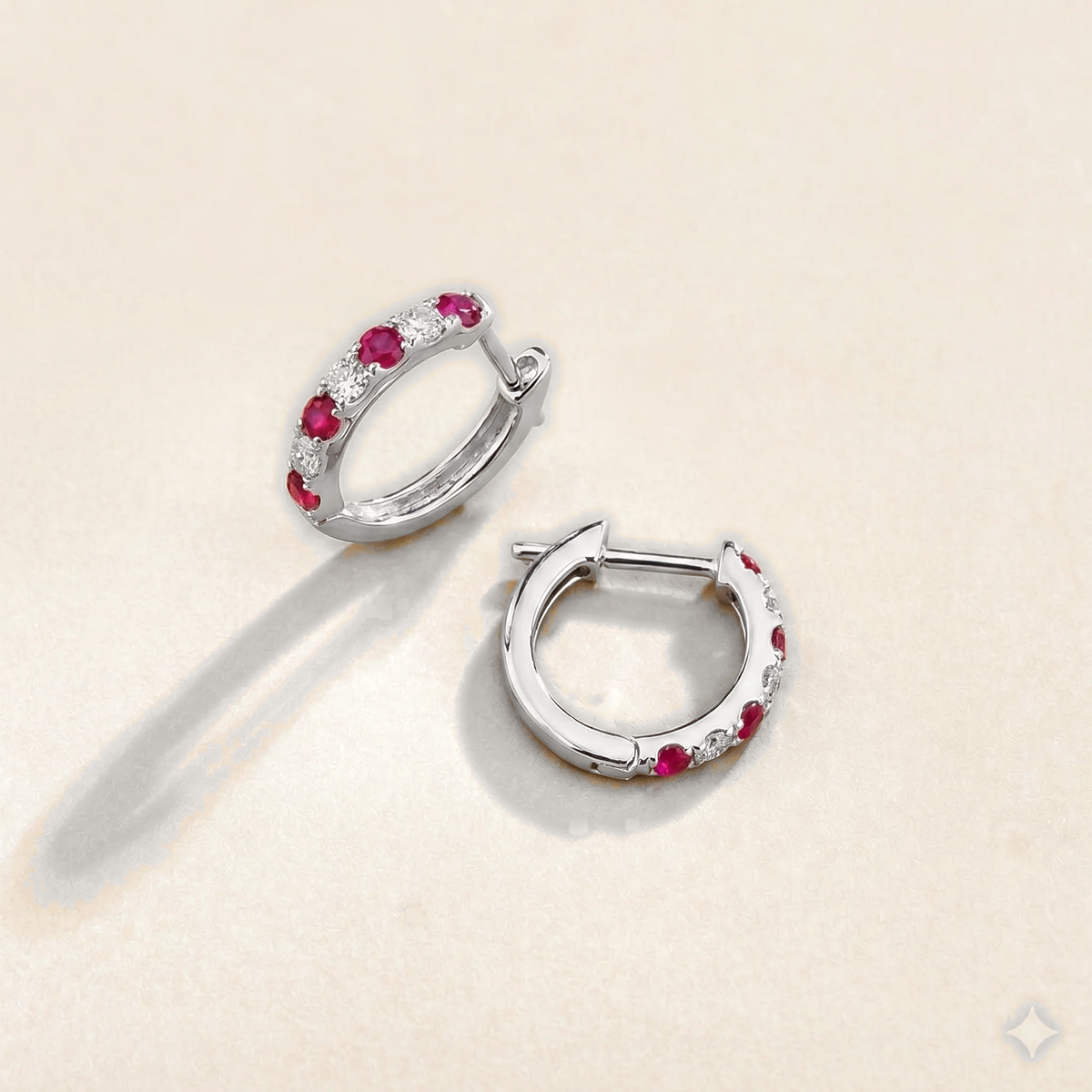 Stacy Ruby & Diamond Huggie Hoop Earrings in White Gold – angle view