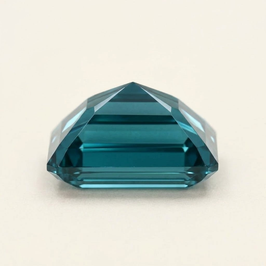 Teal lab-grown sapphire, baguette cut, side view