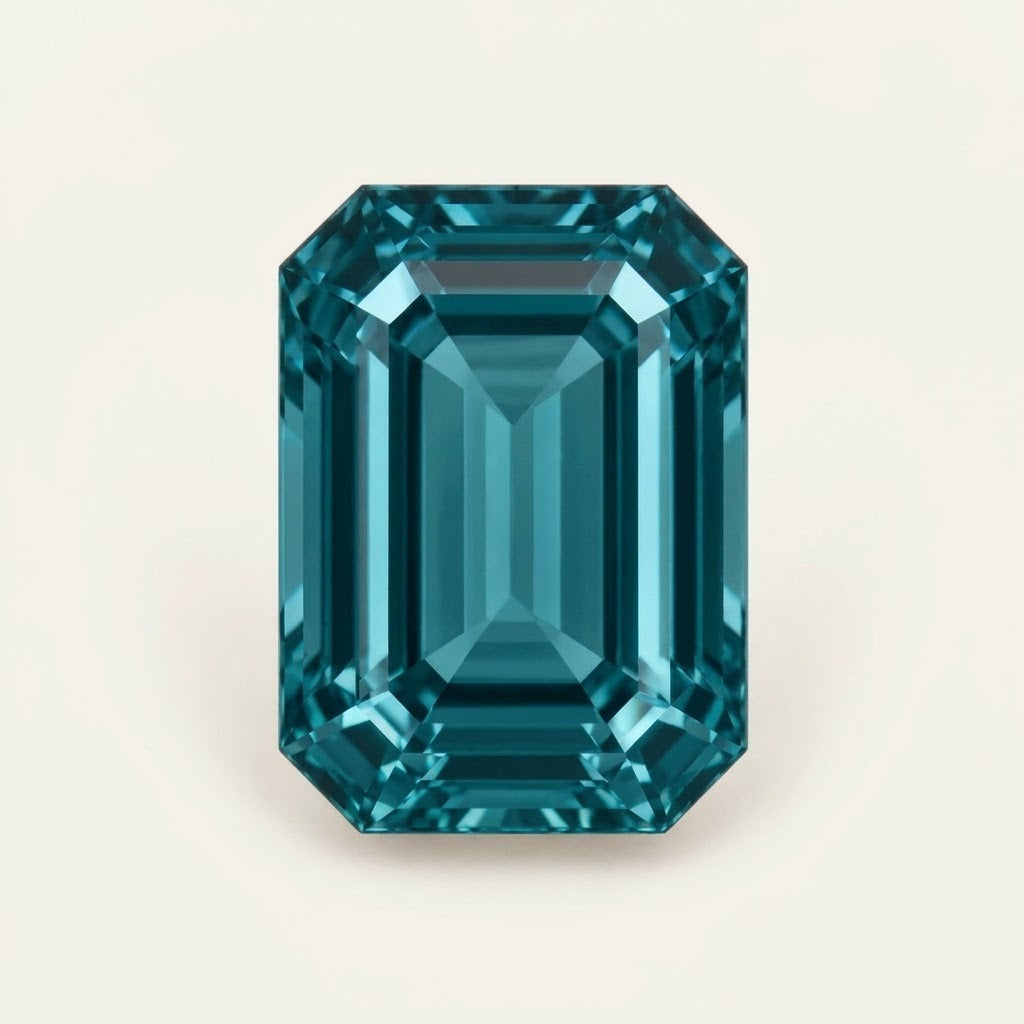Teal lab-grown sapphire, emerald cut