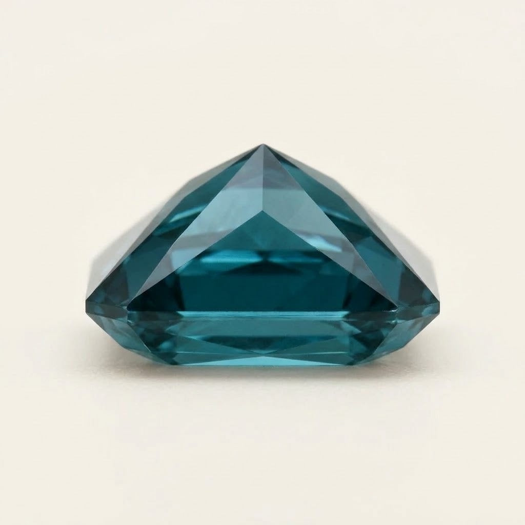 Teal lab-grown sapphire, radiant cut, side view