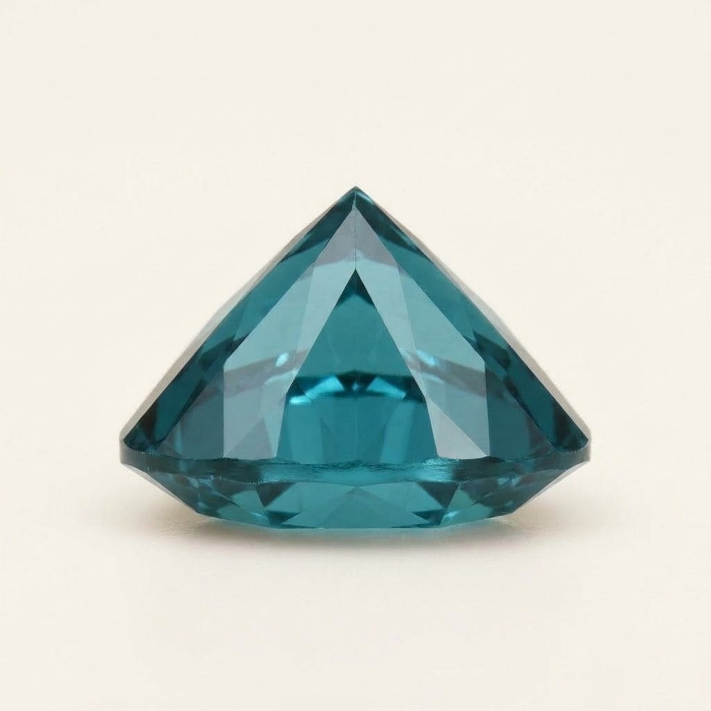 Teal lab-grown sapphire, trillion cut, side view