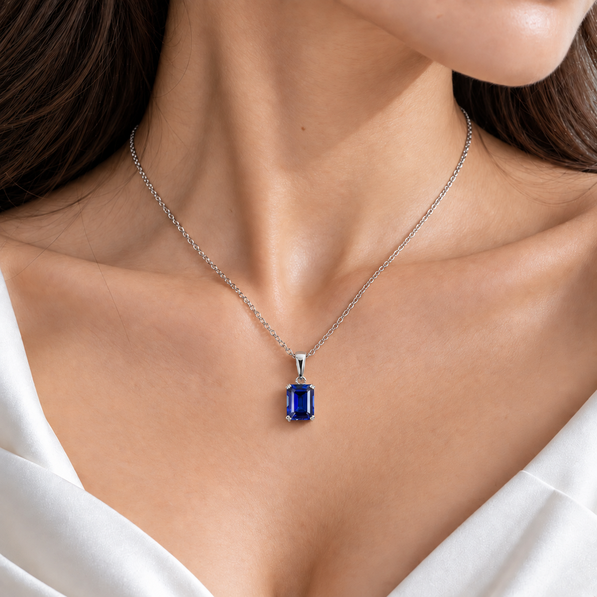 Thamani Blue Sapphire Emerald-Cut Solitaire Pendant Necklace in White Gold