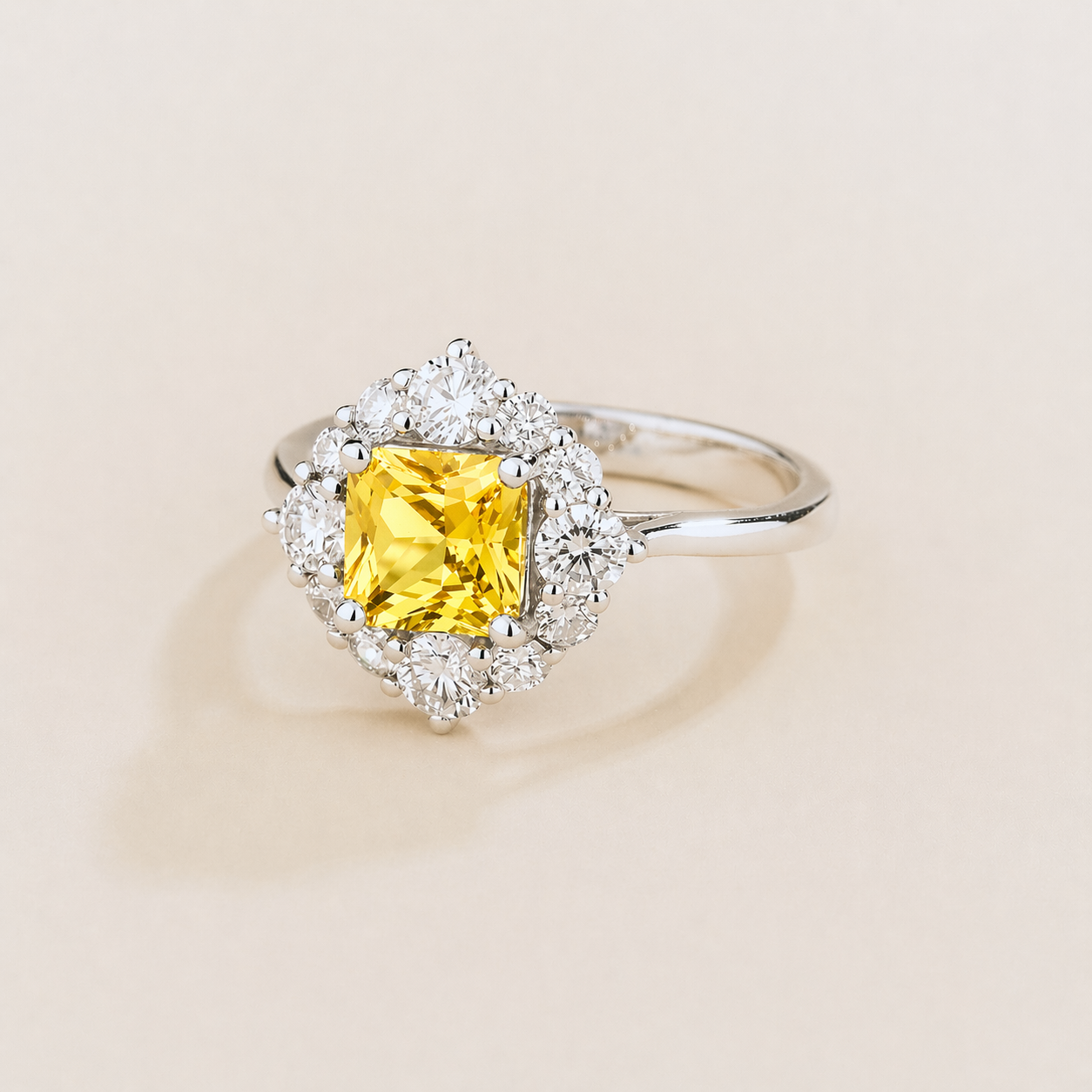 uli Yellow Sapphire Cushion Cut & Diamond Halo Ring in White Gold