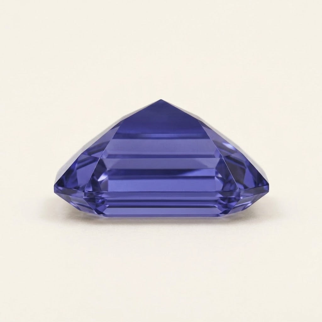 Violet-blue lab-grown sapphire, emerald cut, side view