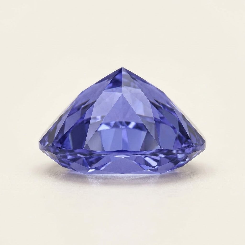 Violet-blue lab-grown sapphire, heart cut, side view