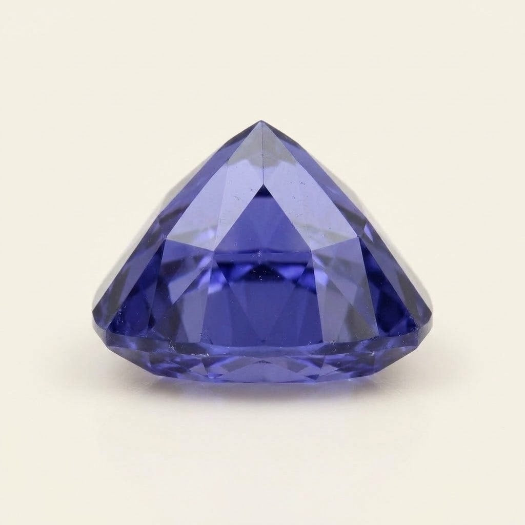 Violet-blue lab-grown sapphire, trillion cut, side view