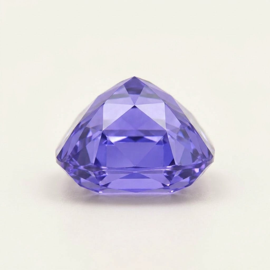 Violet lab-grown sapphire, cushion cut, side view