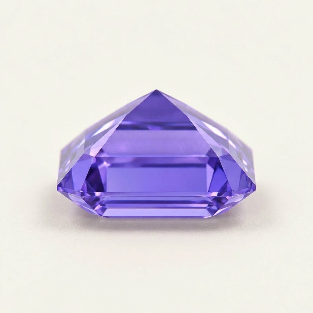 Violet lab-grown sapphire, emerald cut, side view