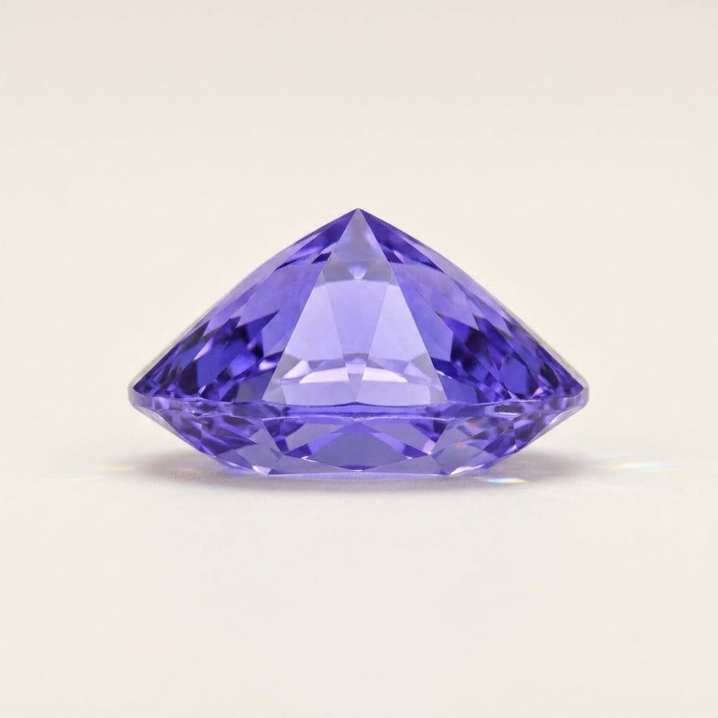 Violet lab-grown sapphire, pear cut, side view