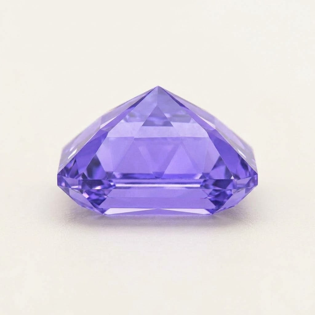 Violet lab-grown sapphire, radiant cut, side view