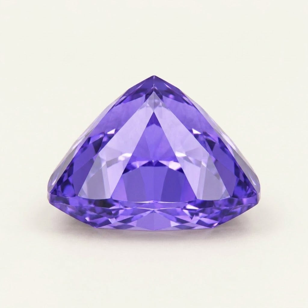 Violet lab-grown sapphire, trillion cut, side view