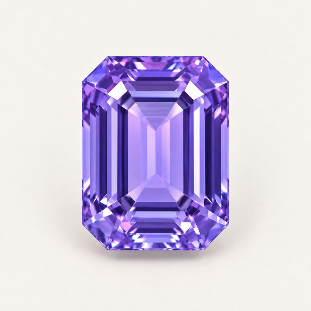 Violet lab-grown sapphire, emerald cut
