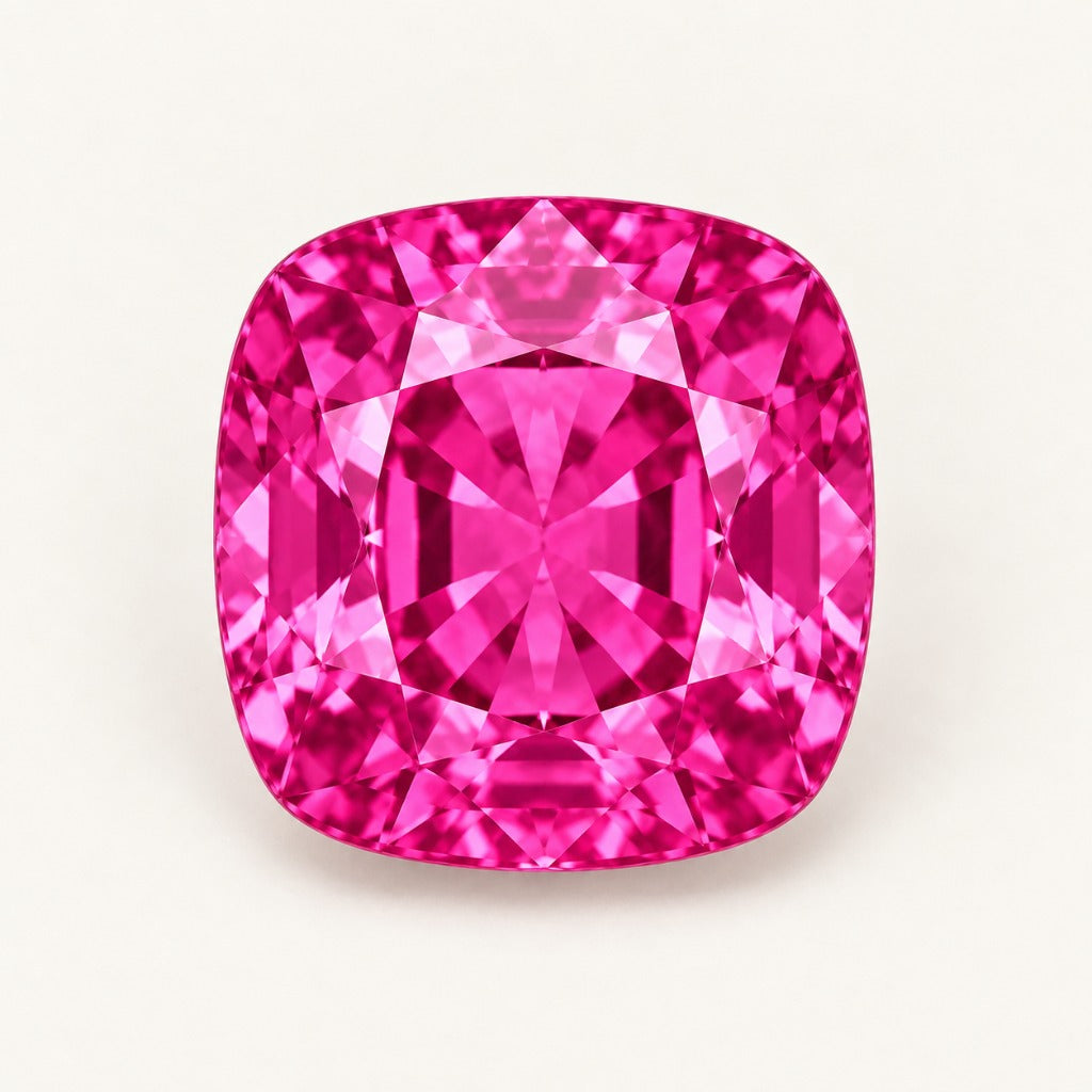 Vivid hot pink lab-grown sapphire, cushion cut