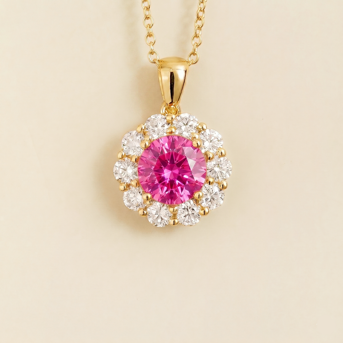 Floret round lab-grown vivid hot pink sapphire and diamond halo pendant necklace in gold – front | Juvetti London
