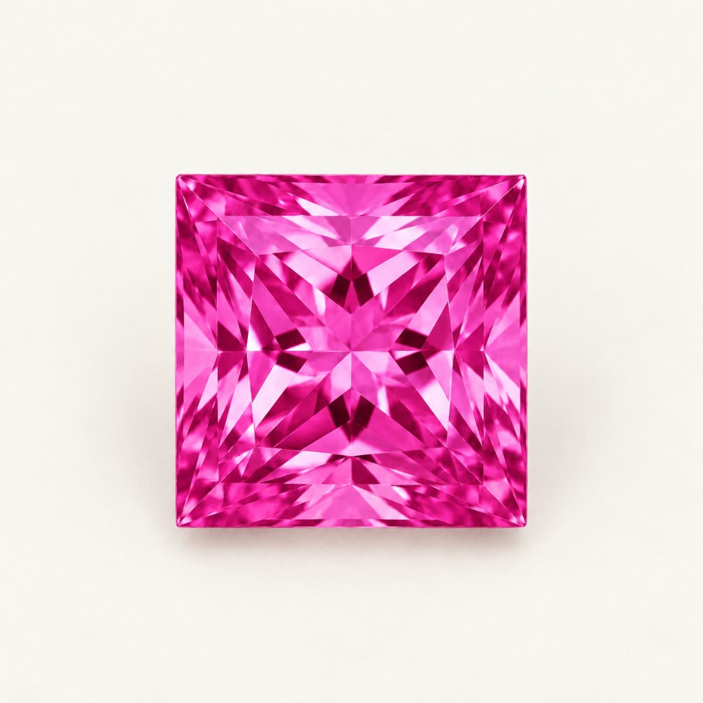 Vivid hot pink lab-grown sapphire, princess cut
