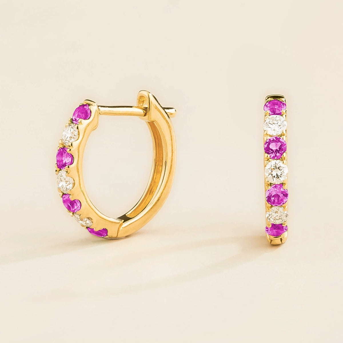 Stacy Vivid Pink Sapphire & Diamond Huggie Hoop Earrings in Gold | Juvetti
