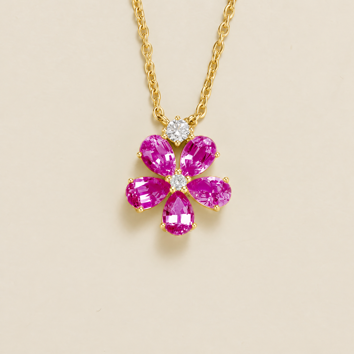 Florea vivid pink sapphire and diamond flower pendant necklace in yellow gold