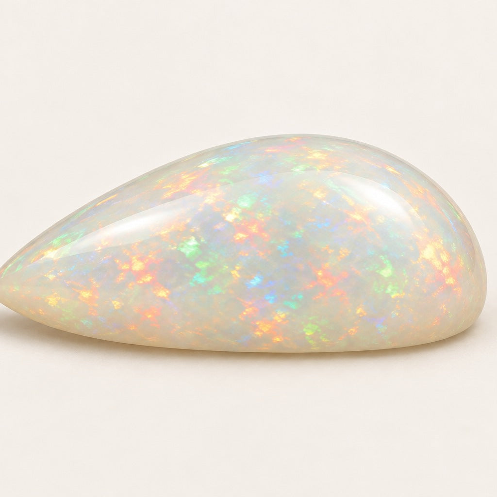 White lab-grown opal, pear cabochon, side view