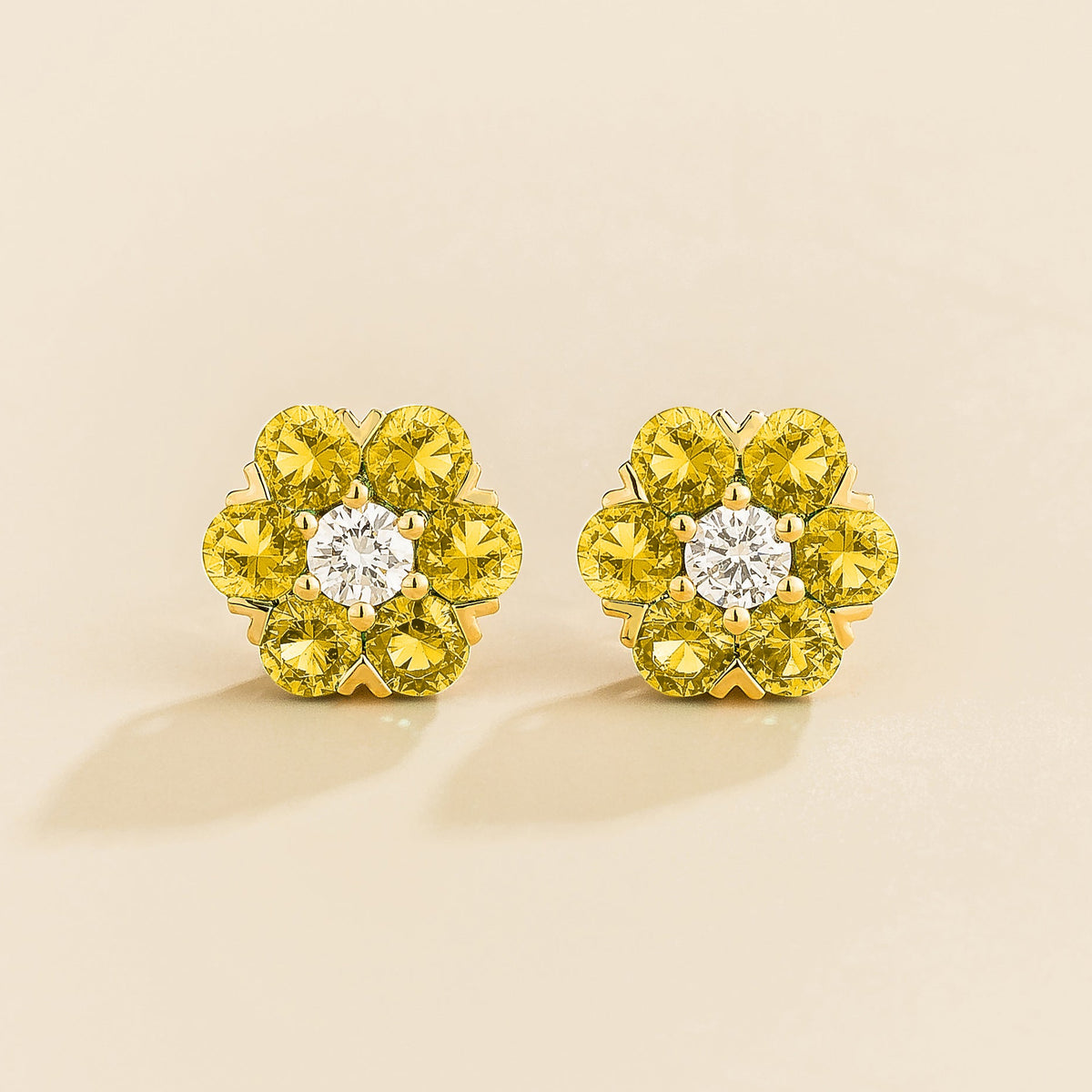 Lab-grown yellow sapphire and diamond flower earrings, Cinq design in gold | Juvetti London