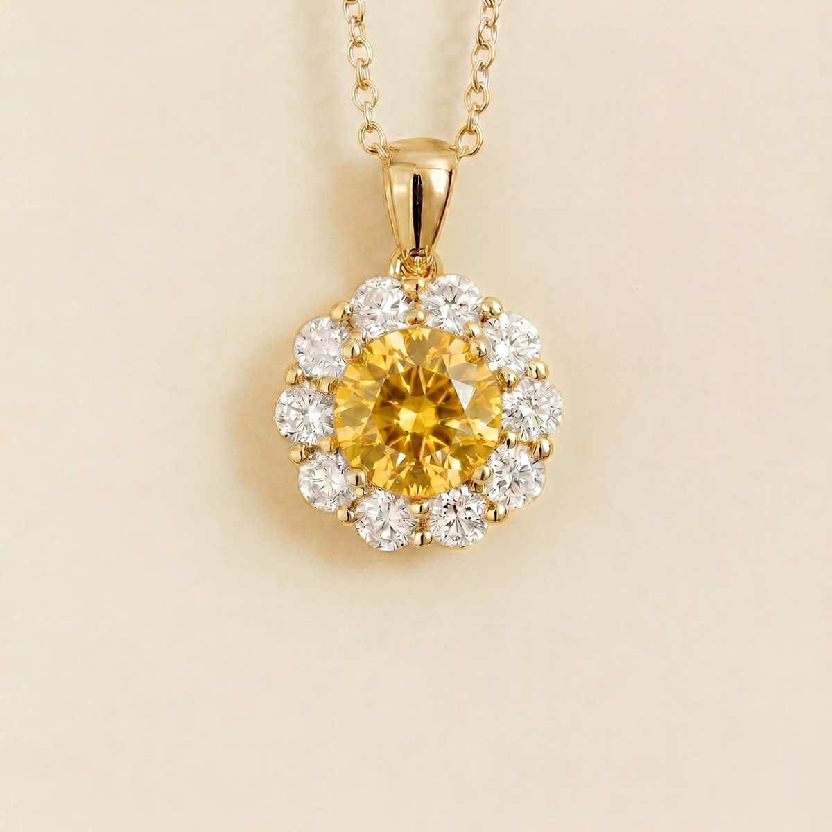 Floret round lab-grown yellow sapphire and diamond halo pendant necklace in gold – front | Juvetti London