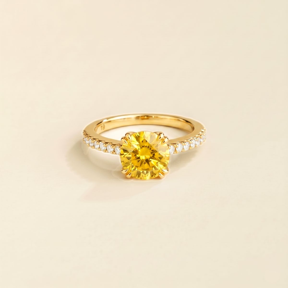 Como round lab-grown yellow sapphire solitaire pavé ring in gold – front | Juvetti London