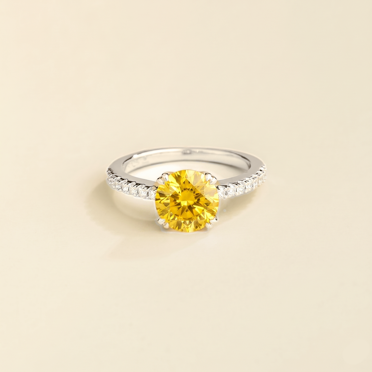 Como round lab-grown yellow sapphire solitaire pavé ring in white gold – front | Juvetti London