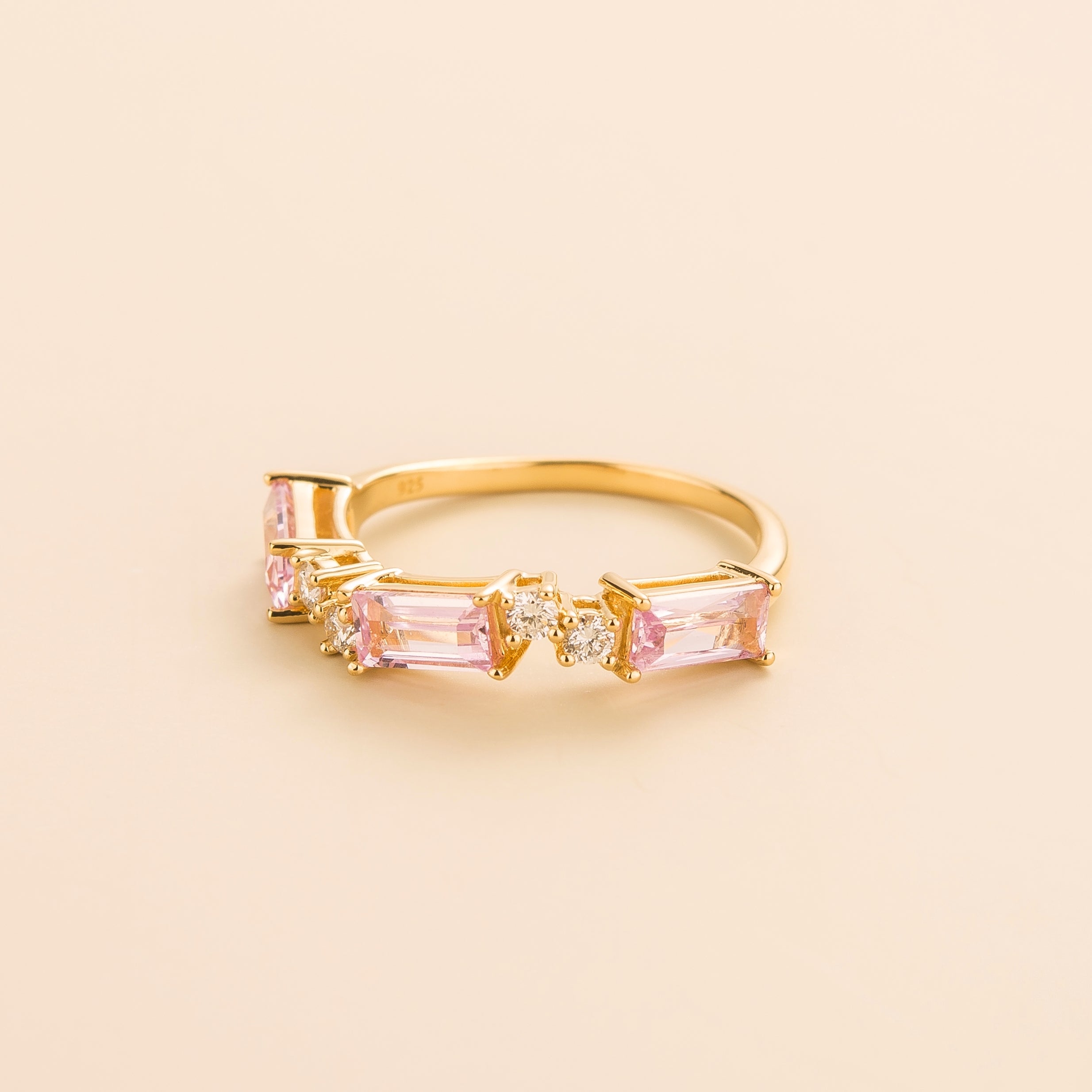 Forma Pink Sapphire & Diamond Baguette Cut Three-Stone Gold Ring
