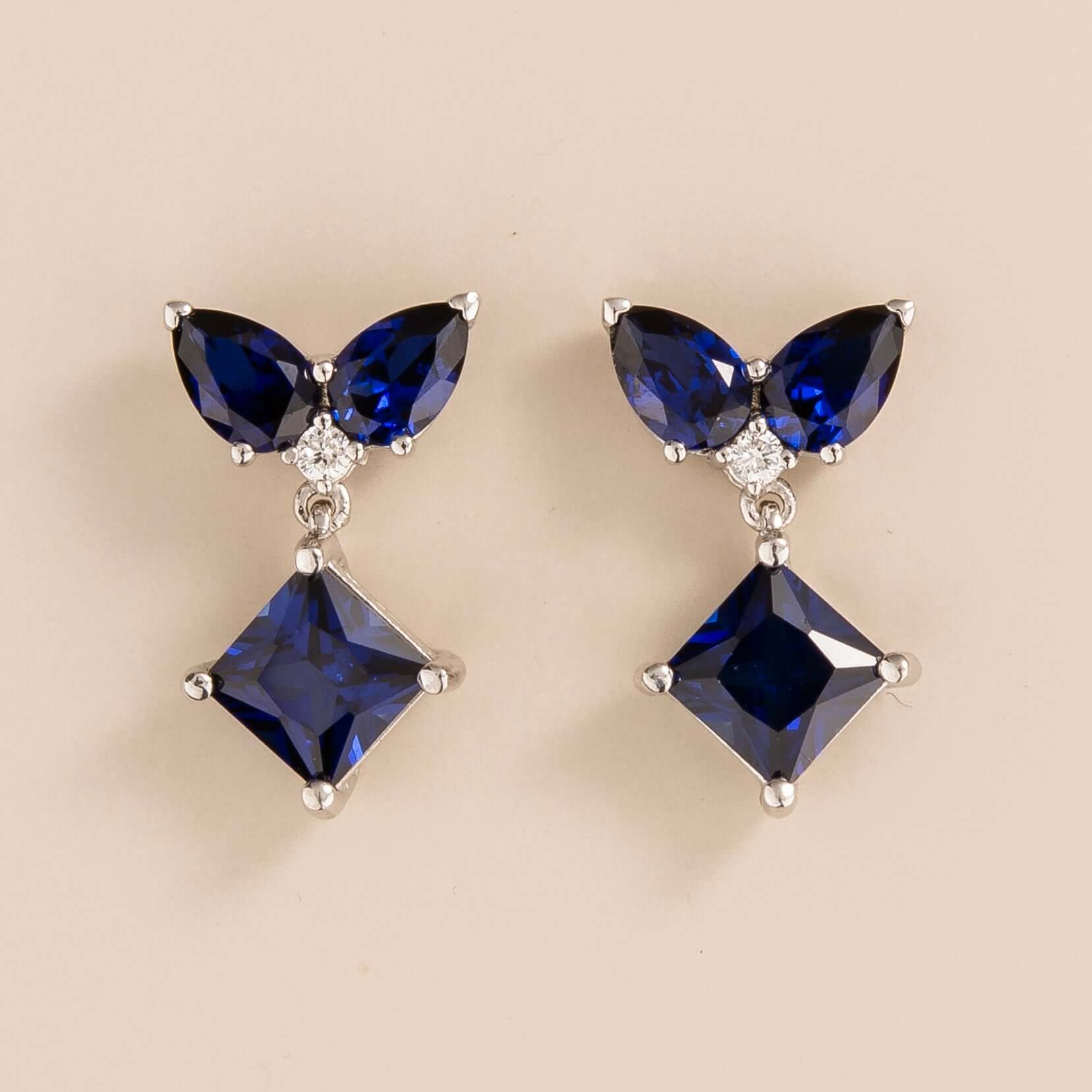 Amore Blue Sapphire & Diamond Butterfly Drop Earrings in White Gold