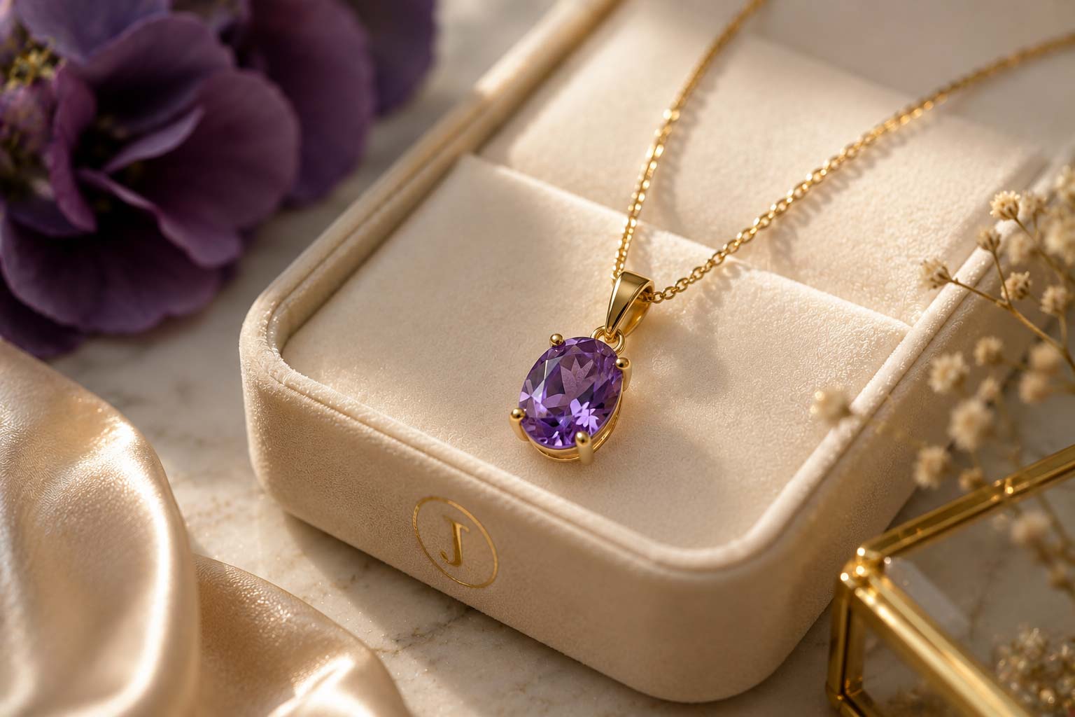 Lab-grown purple sapphire pendant necklaces in gold and white gold by Juvetti Jewellery, London UK