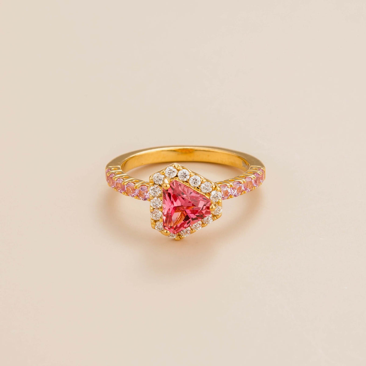 Diana Padparadscha Sapphire Triangle Cut, Pink Sapphire Pavé & Diamond Halo Ring in Gold