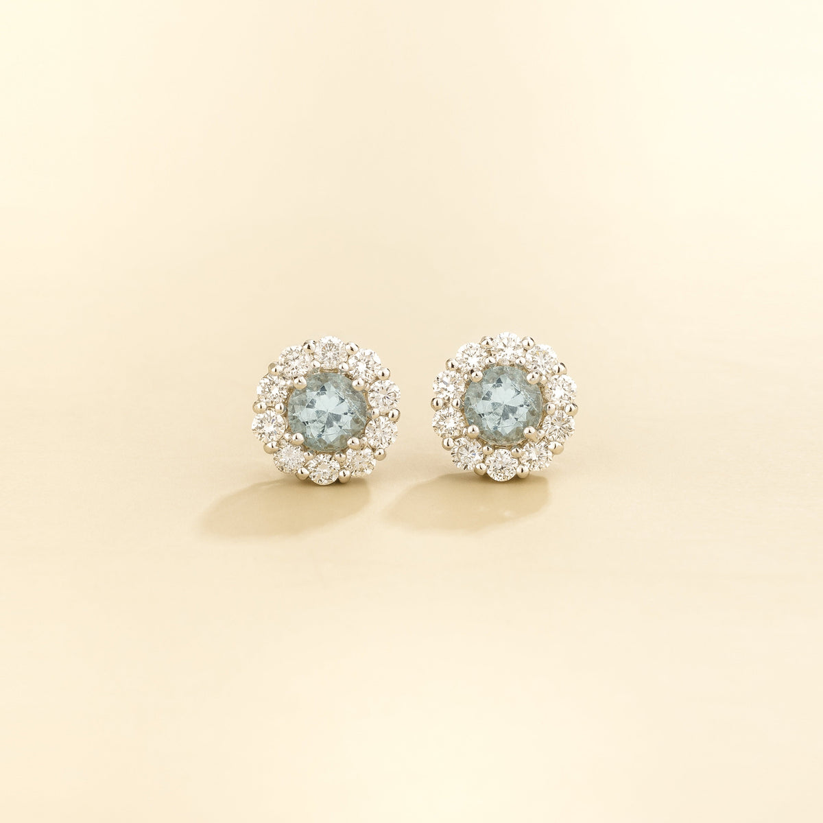 Prill Round Aquamarine & Diamond Halo Stud Earrings in White Gold