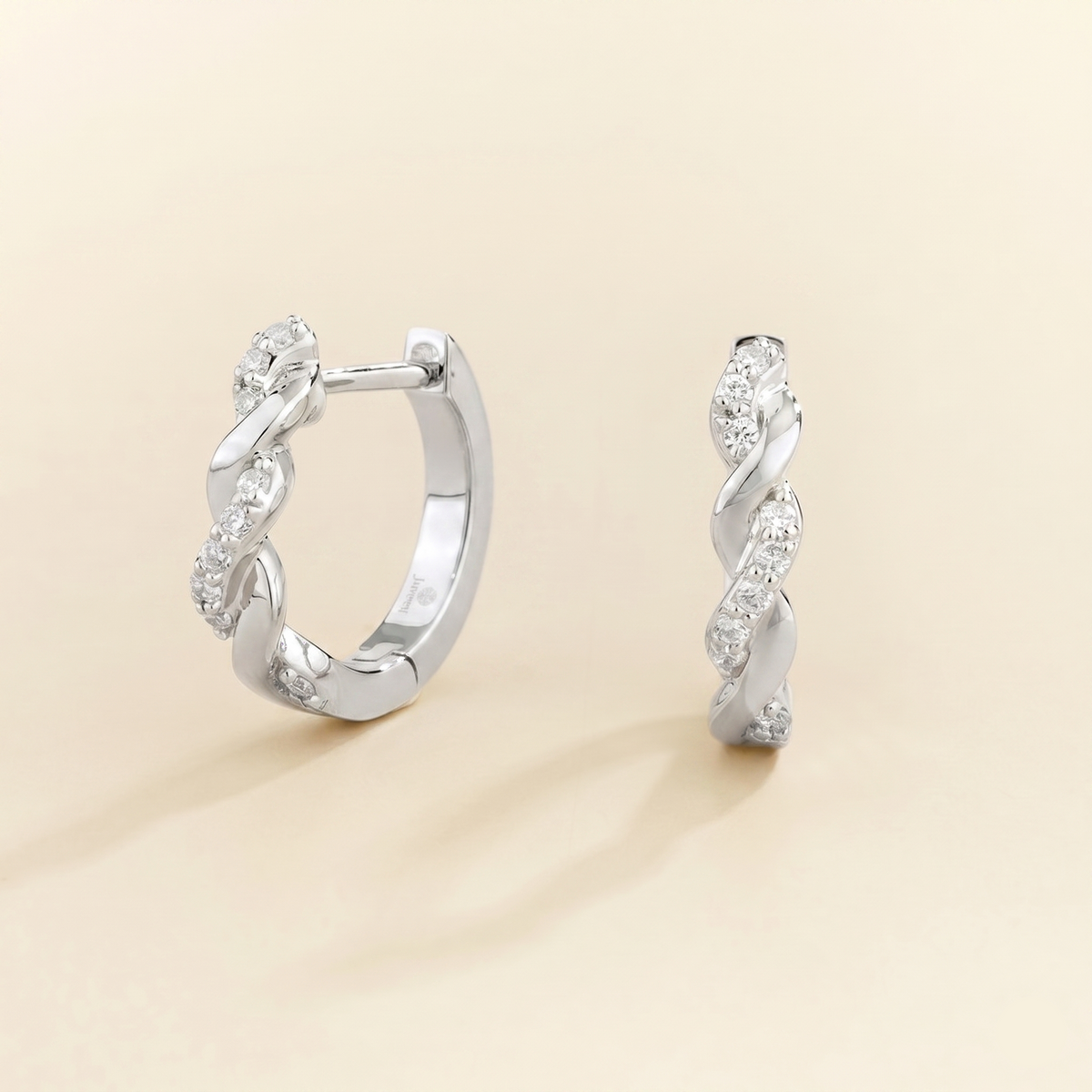 Twist Diamond Huggie Hoop Earrings in White Gold