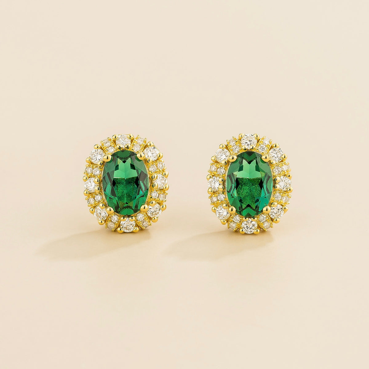 Viva Oval Emerald & Diamond Halo Stud Earrings in Gold