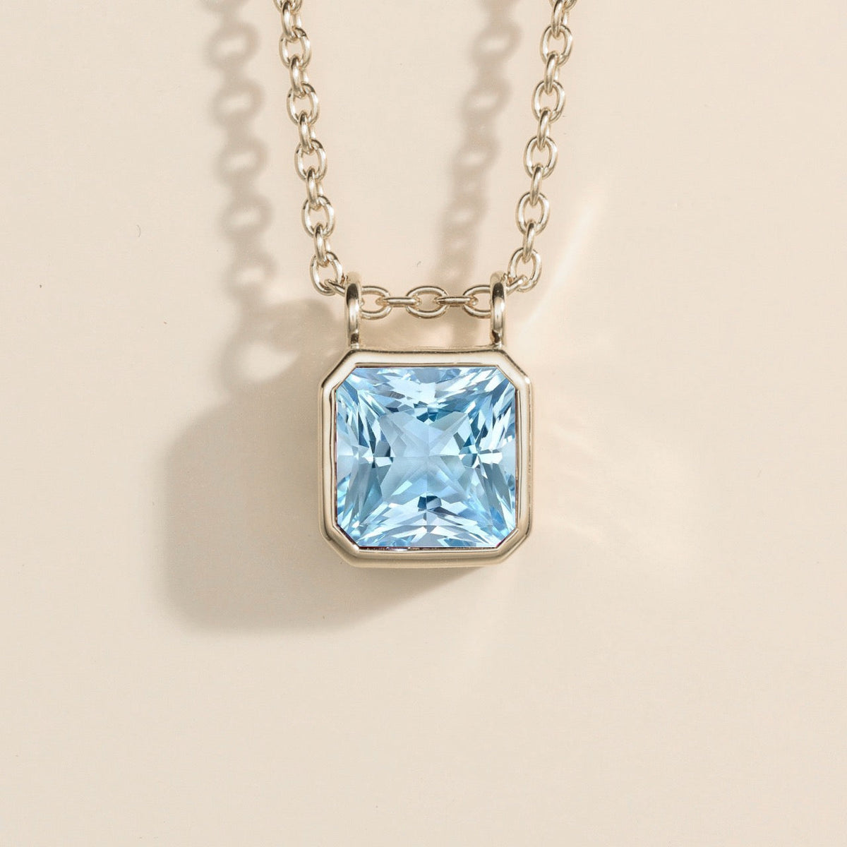 Calin Aquamarine Asscher-Cut Solitaire Pendant Necklace in White Gold