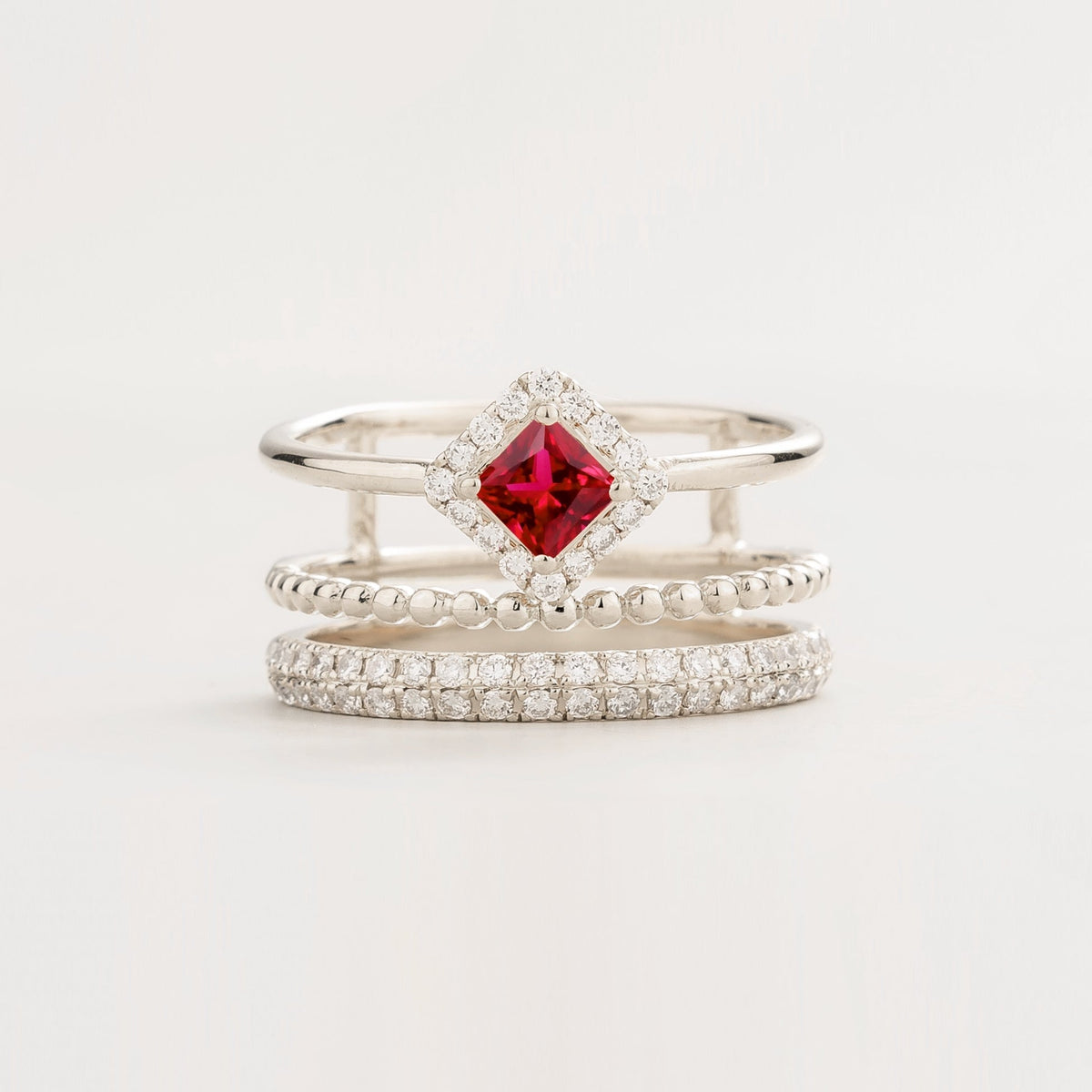 Amici Princess-Cut Ruby & Diamond Triple-Band Stacking Ring in White Gold
