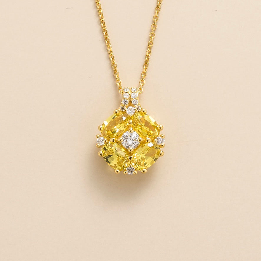 Oval lab-grown yellow sapphire and diamond cluster Pristi pendant in gold | Juvetti London