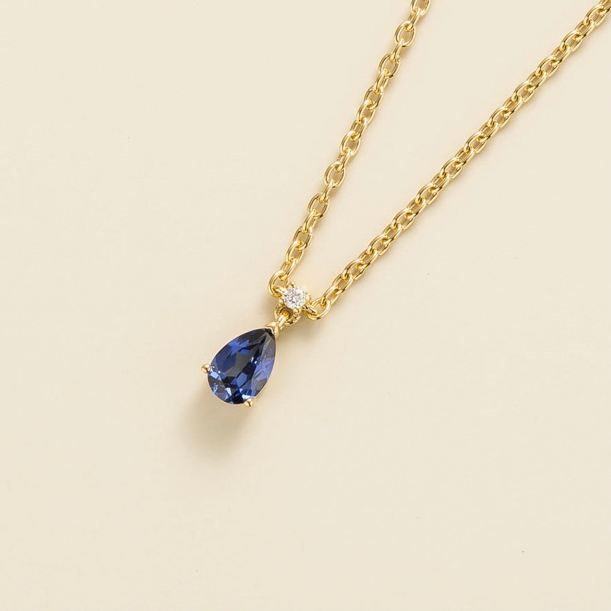 Pisa Blue Sapphire & Diamond Pear Drop Pendant Necklace In Gold - Small