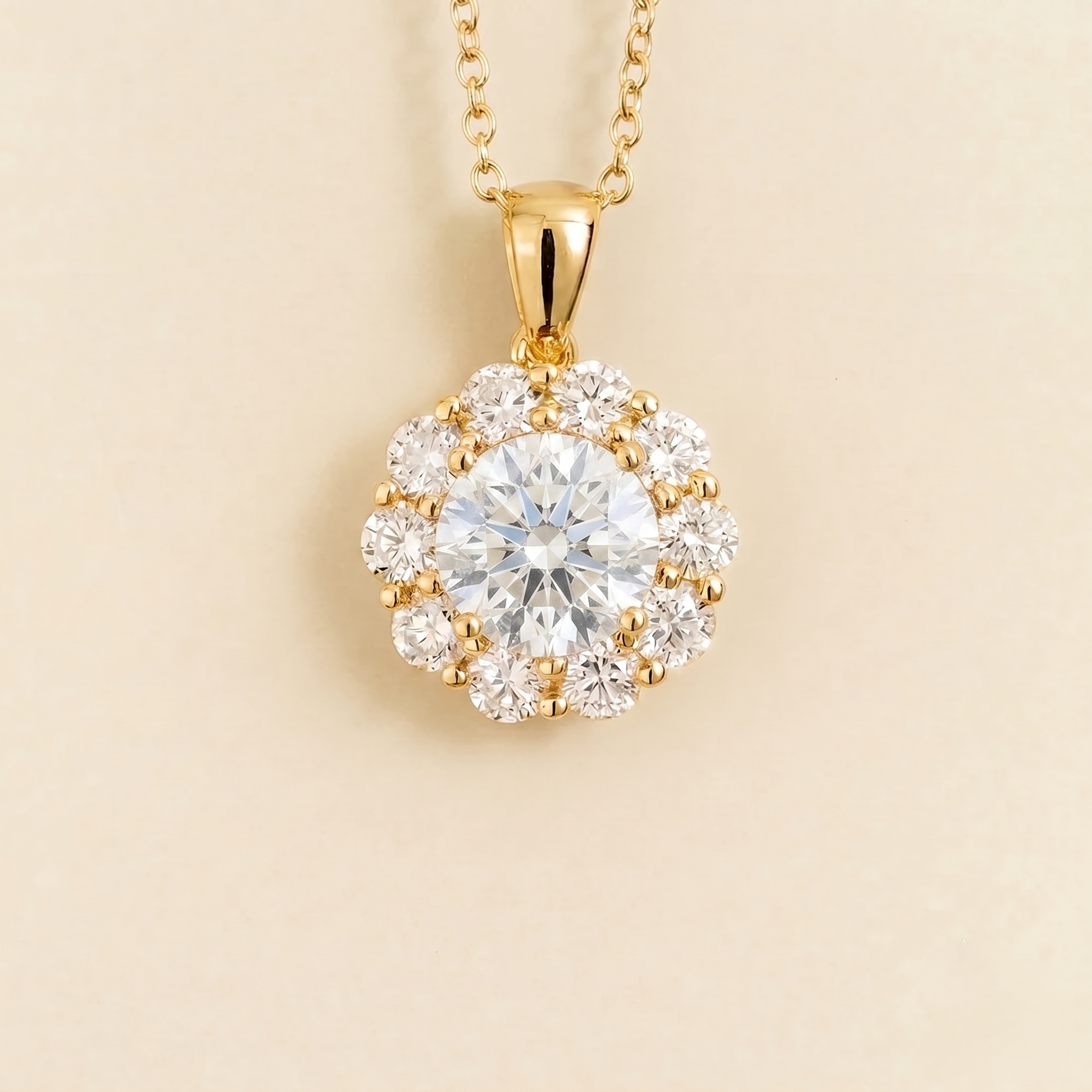 Floret Diamond Halo Pendant Necklace in Gold by Juvetti, bespoke jewellery London