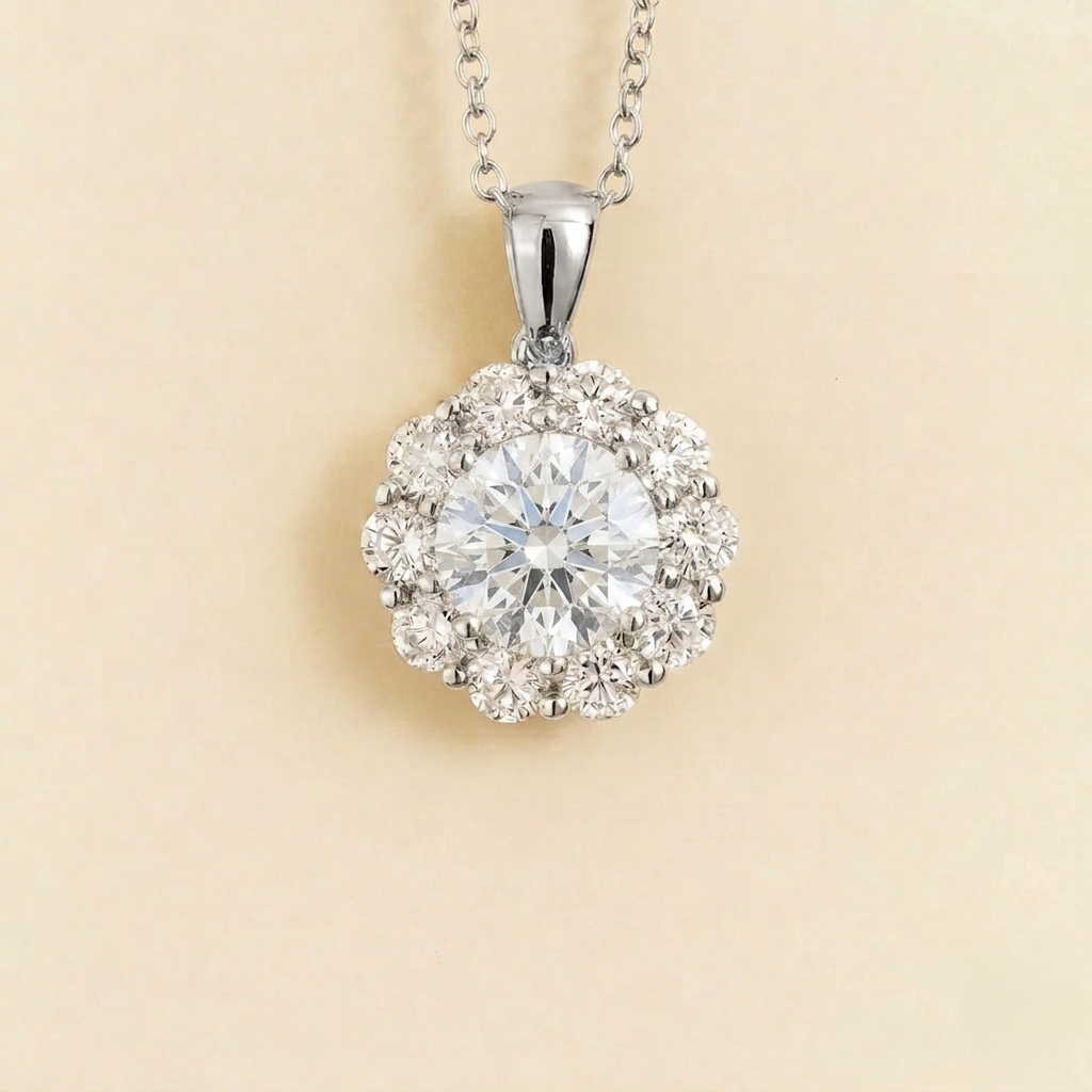 Floret Diamond Halo Pendant Necklace in White Gold by Juvetti, bespoke jewellery London