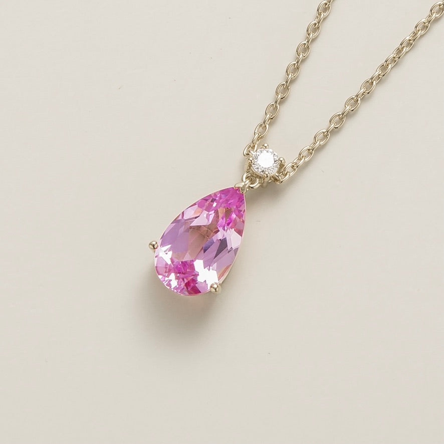 Pisa Pink Sapphire & Diamond Pear Drop Pendant Necklace In White Gold - Large