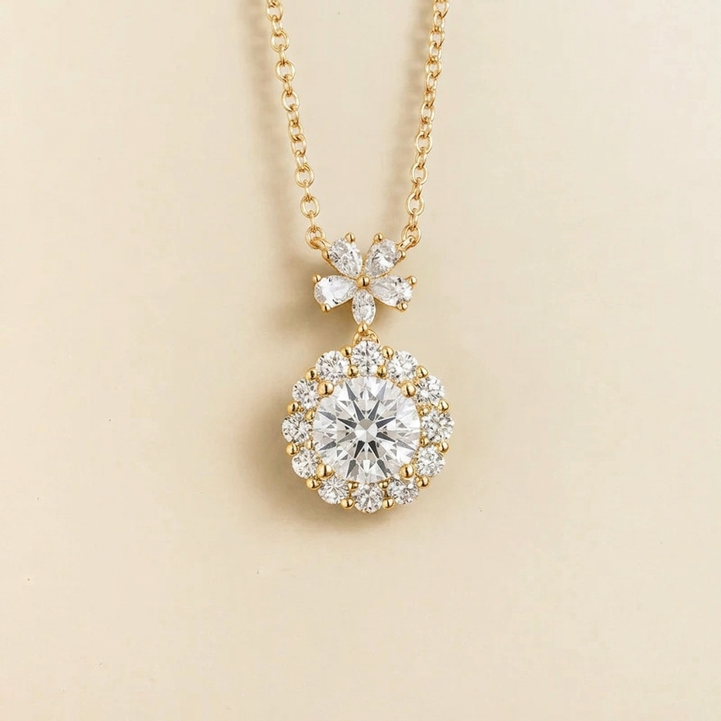 Round lab-grown diamond and diamond halo pendant necklace with flower bail in gold | Juvetti London