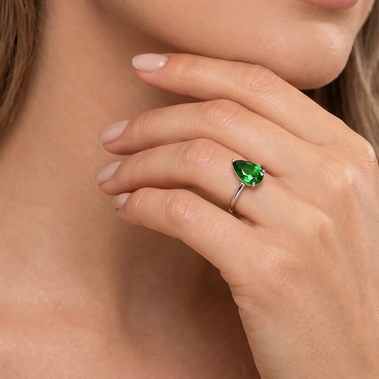 Pear Shape Emerald Cathedral Solitaire Ring in White Gold