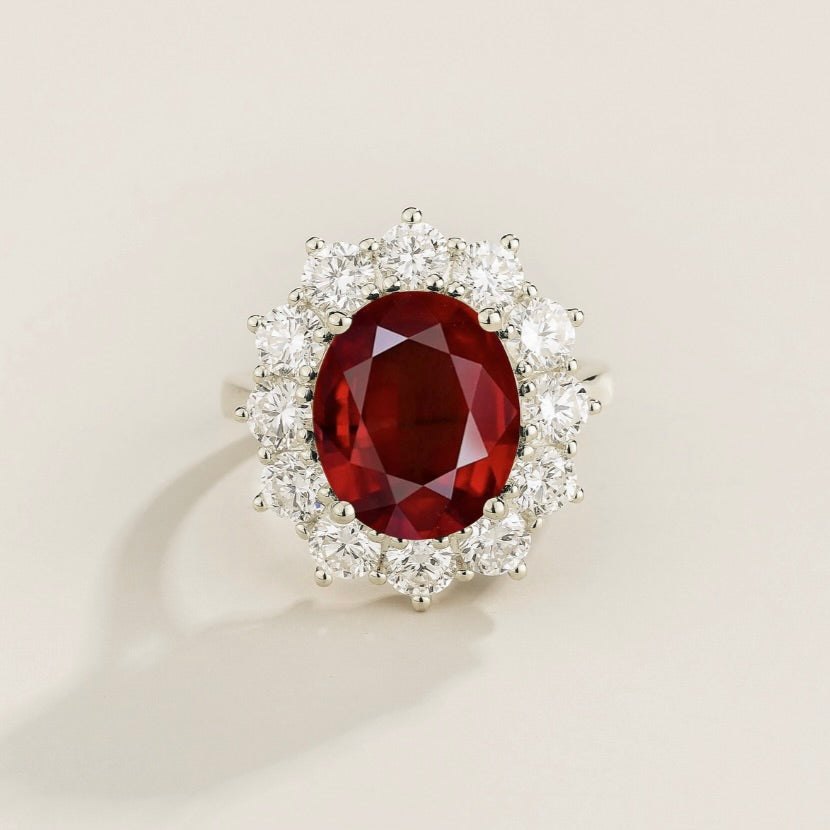 Oda Ruby Oval & Diamond Halo Ring In White Gold