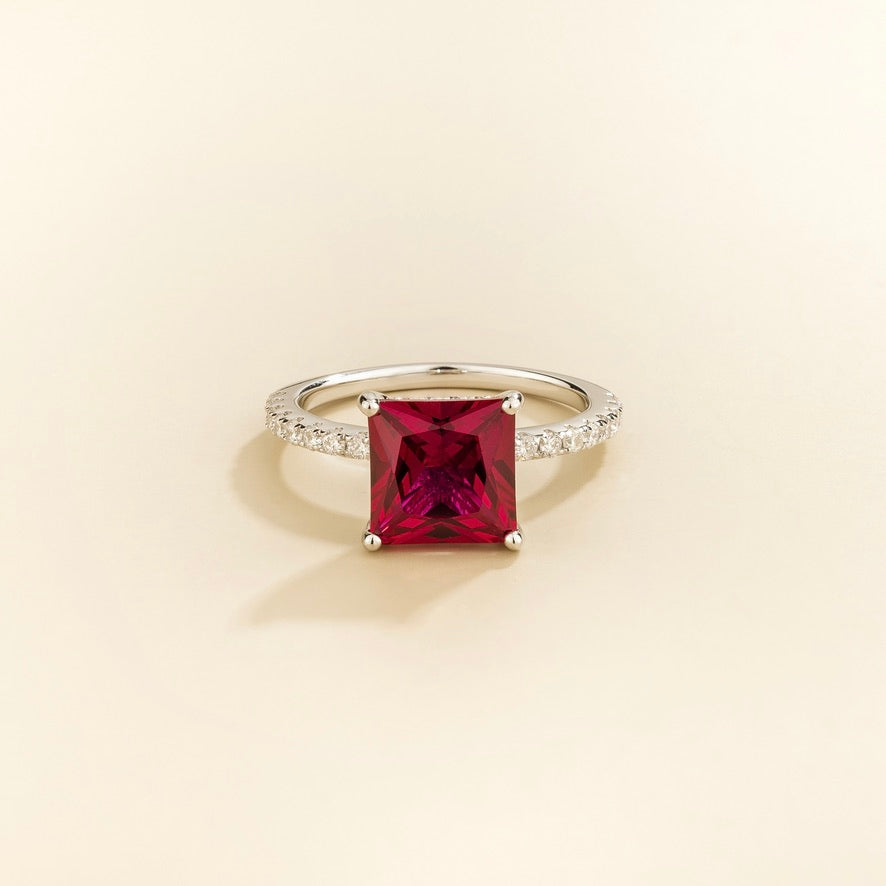 Rena Ruby Princess-Cut Ring with Pavé Diamond Band in White Gold