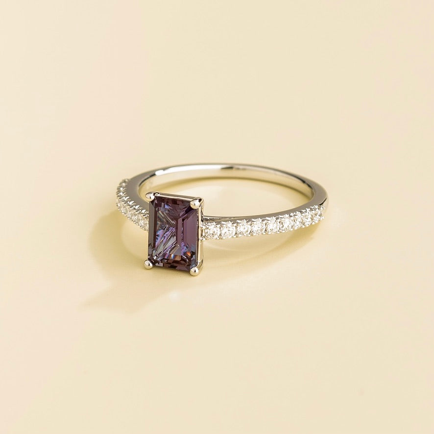 Chelle Alexandrite Emerald-Cut & Diamond Pavé Ring in White Gold