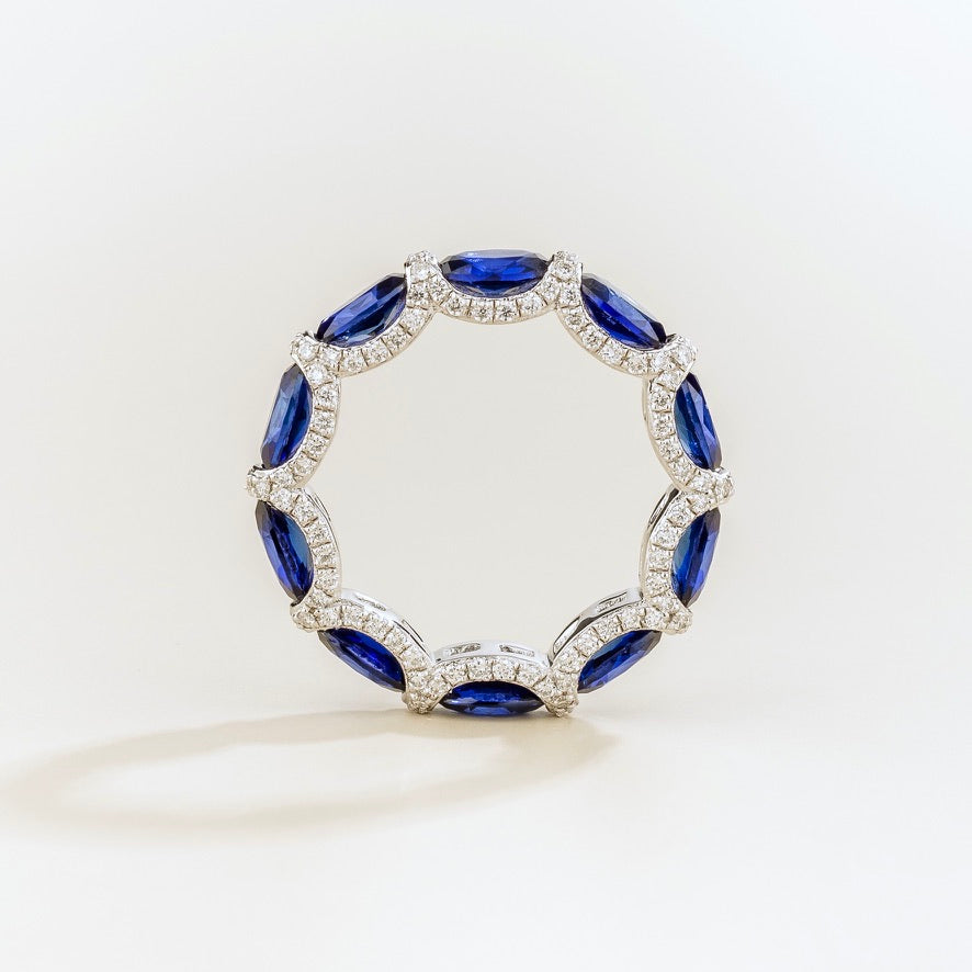 Muge Oval Blue Sapphire & Diamond Eternity Ring in White Gold