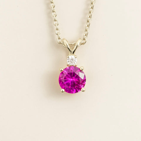 Joie Round Vivid Pink Sapphire and Diamond Drop Pendant Necklace In White Gold Joie Round Vivid Pink Sapphire and Diamond Drop Pendant Necklace In White Gold