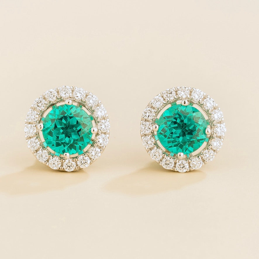 Round lab-grown Paraiba sapphire and diamond halo stud earrings, Floret design in white gold | Juvetti London