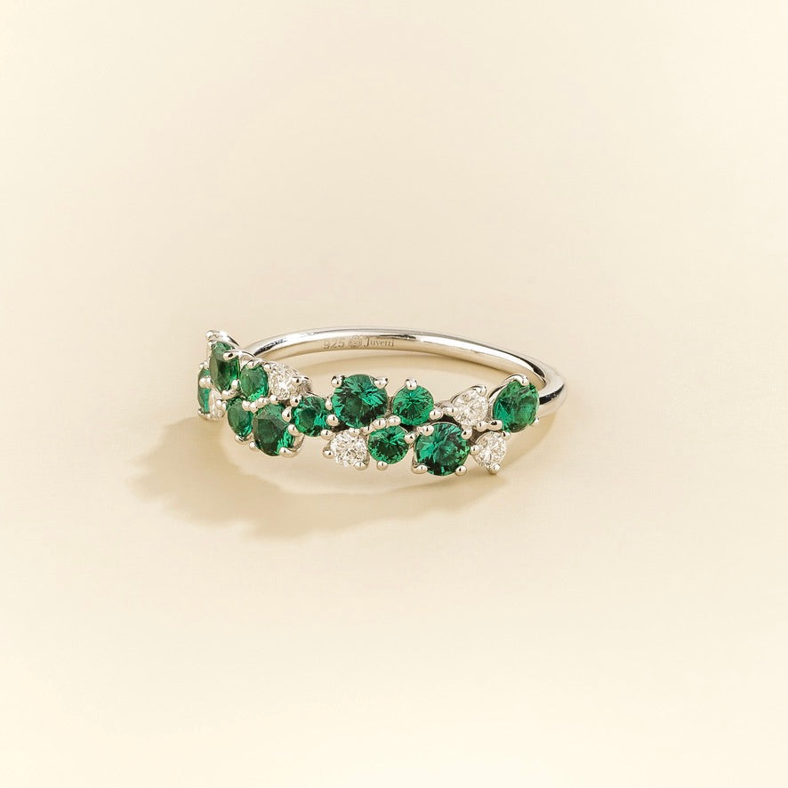Starry Emerald & Diamond Cluster Ring in White Gold